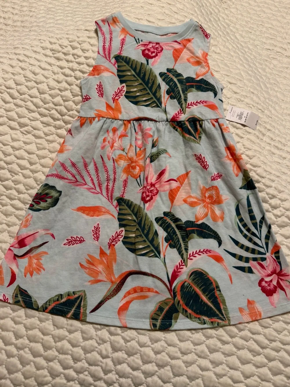 Floral Tank Dress for Kids - Light Blue with Orange & Pink Blooms